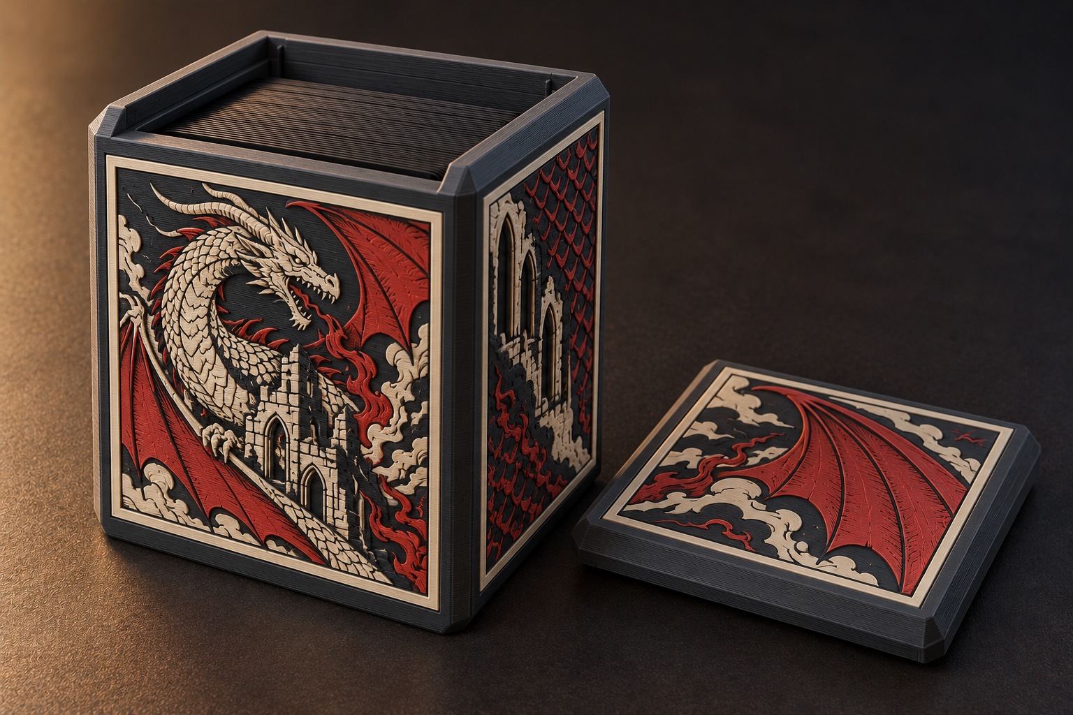 Concept of a charcoal deckbox with ivory and red dragon artwork, sleeved cards and a separate sliding lid