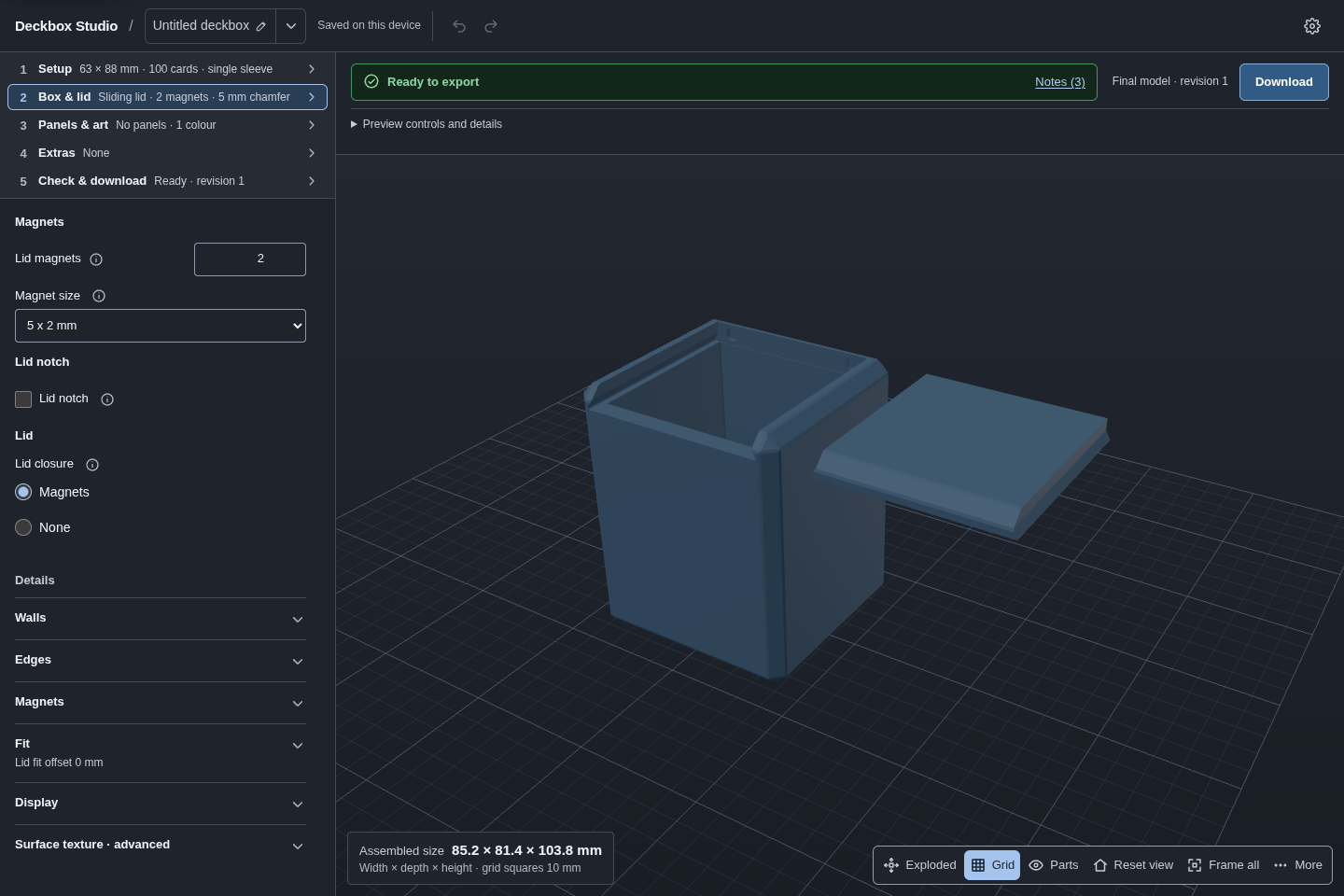 Actual Deckbox Studio editor showing the Box and lid settings and a 3D preview