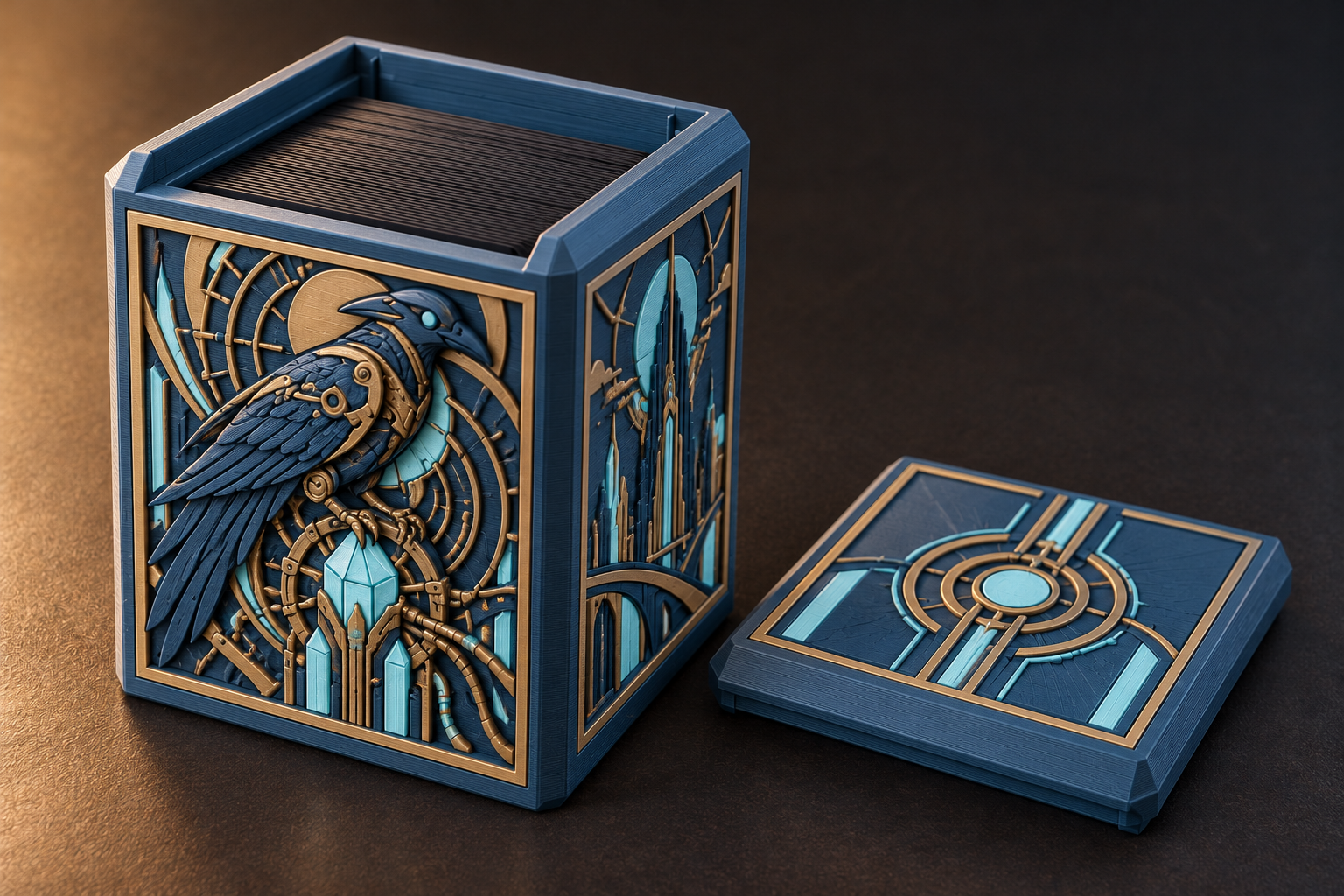 Blue and brass-coloured concept box with a mechanical raven and crystal engine