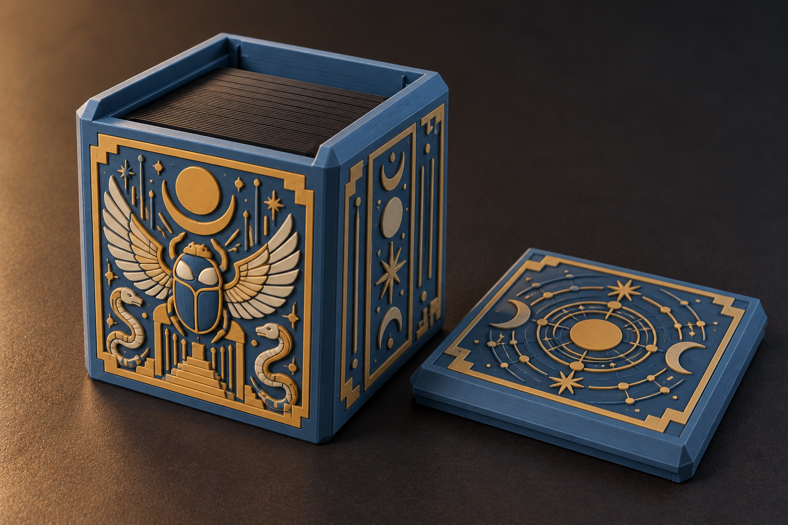 Blue, ivory and gold concept box with a winged scarab and celestial patterns