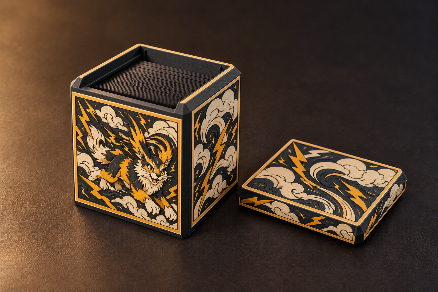 Black and yellow concept box with a thunder lynx and sweeping storm clouds