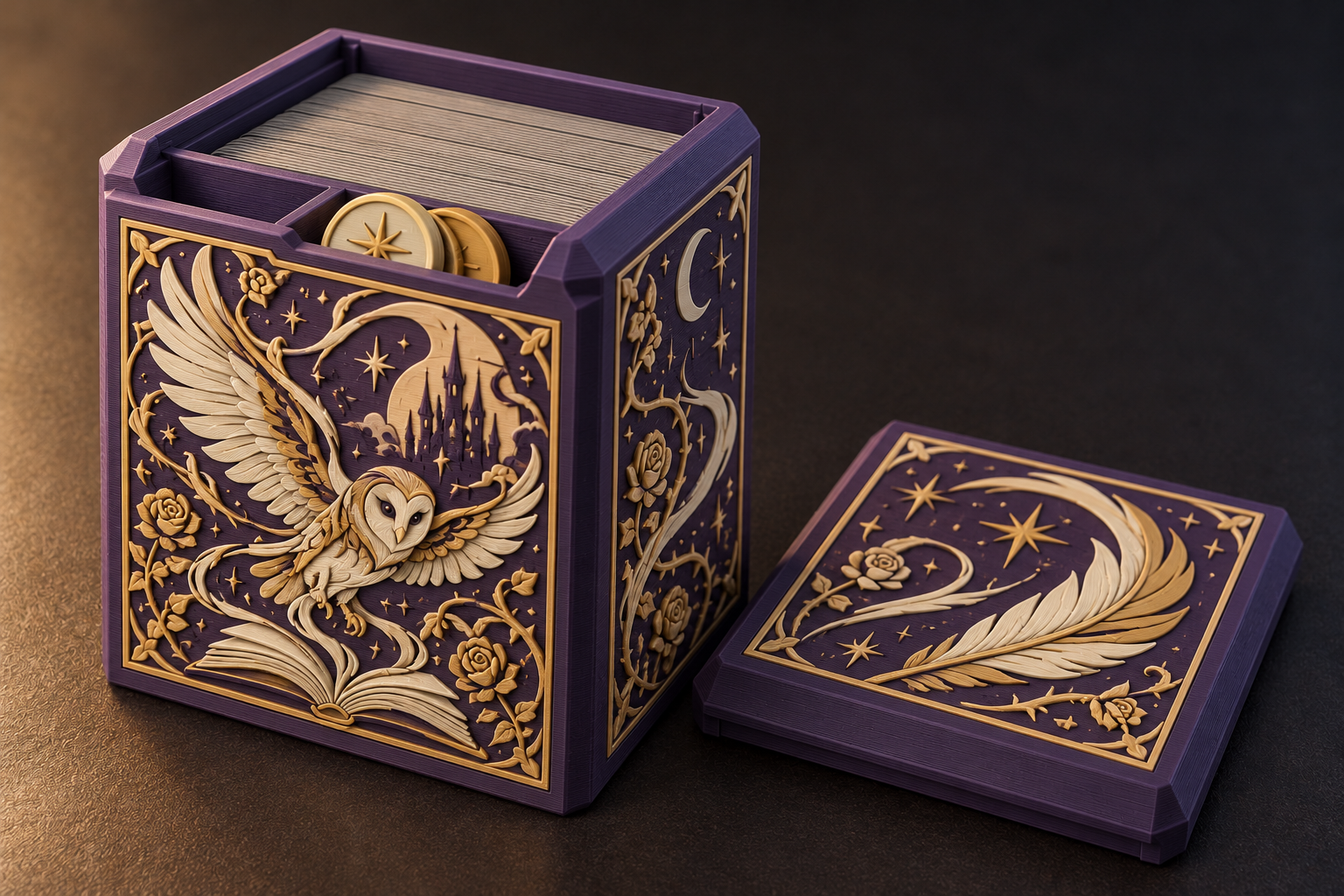 Storybook concept with cards at the back and tokens in a separate front compartment