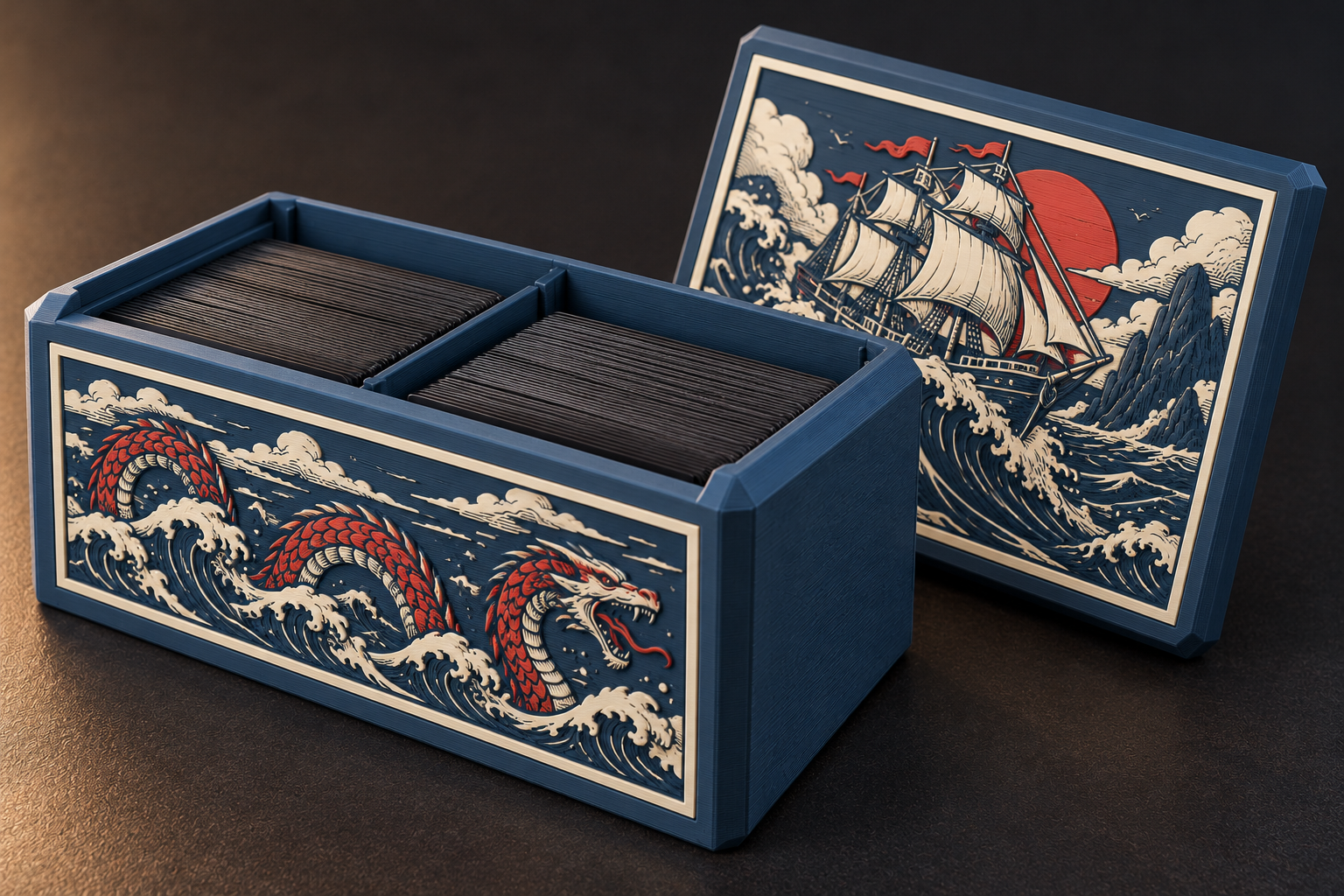 Nautical collection-storage concept with two rows of cards and illustrated removable lid